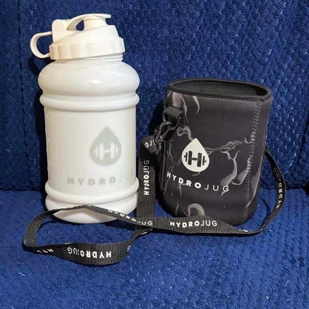 HydroJug White Water Bottle with Black and Gray Camo Sleeve and Strap
